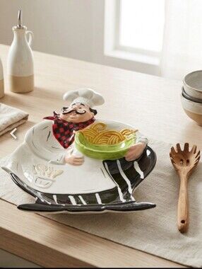 American Atelier "Buon Appetito" chef-themed ceramic divided Chip & Dip Plate